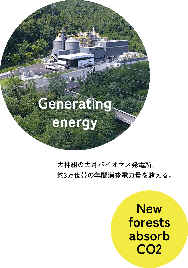 Generating energy Obayashi’s Otsuki Biomass Power Plant generates enough electricity to supply approximately 30,000 households annually. New forests absorb CO2